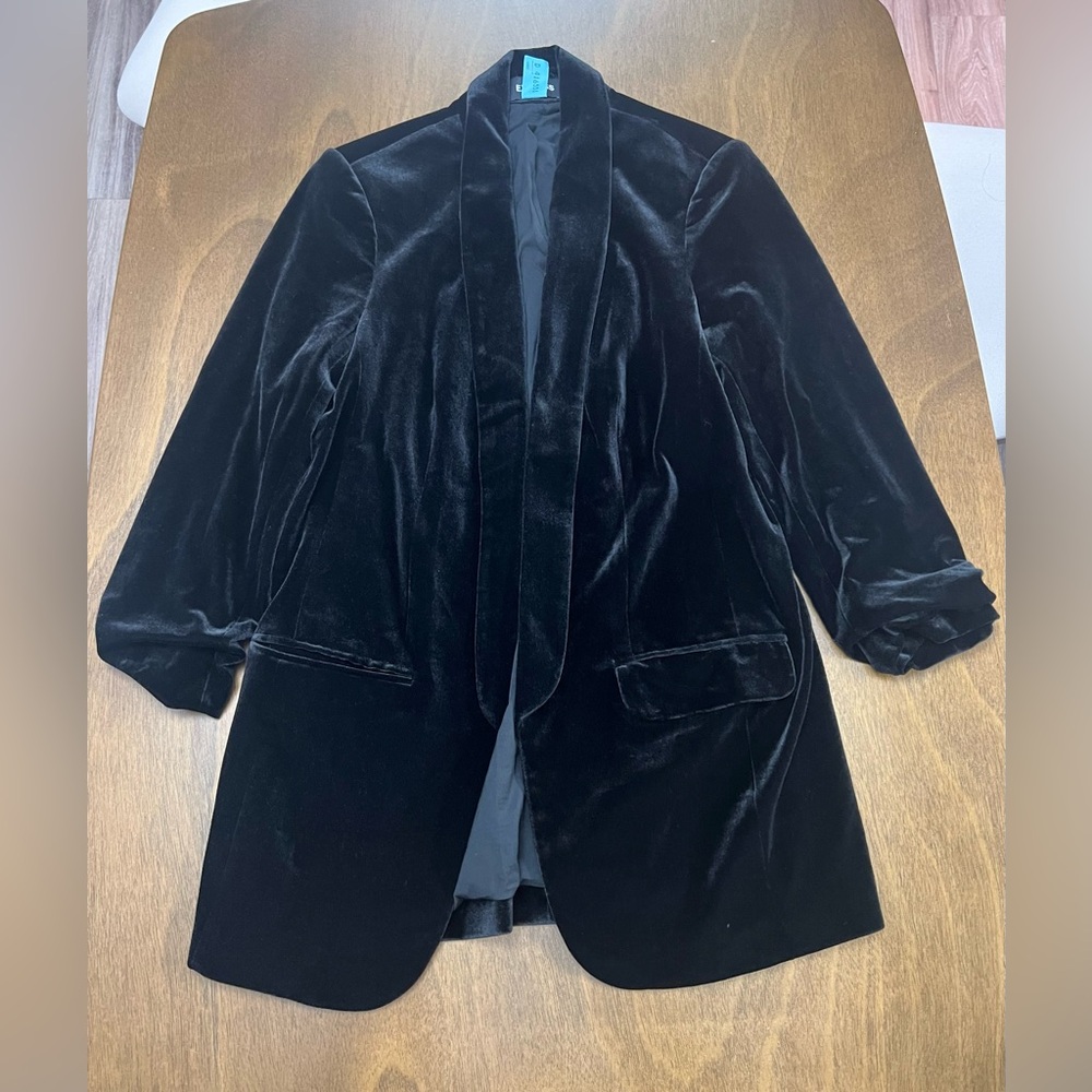 Sold* Express Women's Black Velvet Blazer Jacket Cinch Sleeve Open Front Small - Picture 4 of 13
